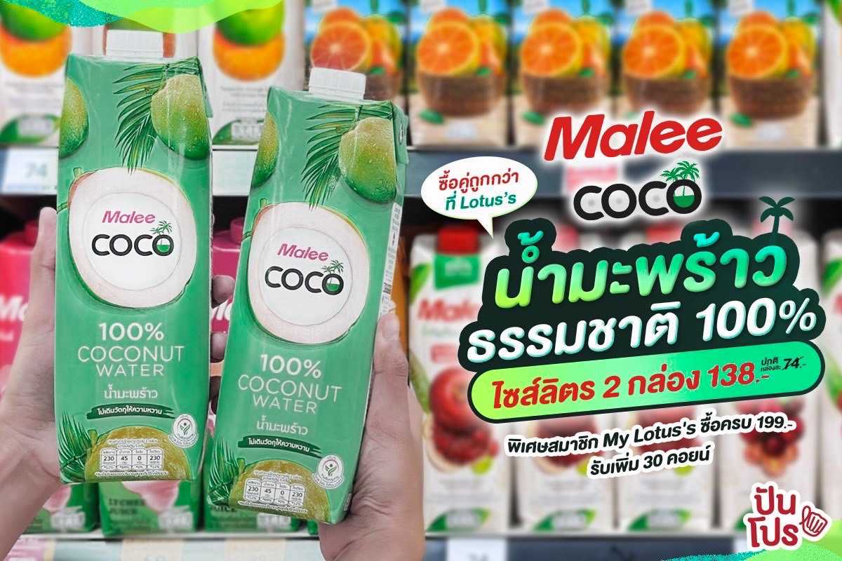 🌴 ซื้อคู่ถูกกว่า! น้ำมะพร้าวธรรมชาติ 100% Malee COCO 2 กล่อง 138.- (ปกติ 148.-)